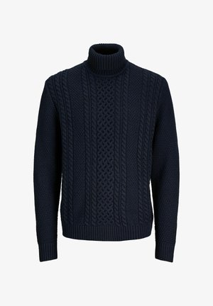 Pull à col roulé bleu marine avec des motifs de tricot texturés et des poignets et un ourlet côtelés. Fabriqué à partir d'un matériau en tricot épais pour la chaleur.