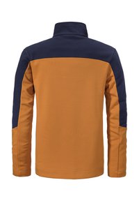 Fleecejacke mit hohem Kragen, in einer Mischung aus Orange und Marineblau. Strukturiertes Gewebe mit kontrastierenden Ärmeln und Rückendesign.