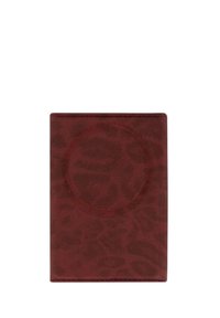 Portafoglio finto in pelle bordeaux con design a stampa leopardo, texture liscia e un accent circolare al centro. Forma rettangolare compatta.