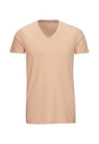 T-shirt V en pêche clair en coton doux. Manches courtes, coupe décontractée et texture lisse sans motifs ni accents.