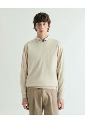 Joven con cabello castaño ondulado, vistiendo un suéter beige sobre una camisa clara con cuello y pantalones caqui, posando frente a un fondo blanco.