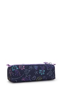 Etui in navy stof met kleurrijke bloemen- en sterpatronen, met een paarse rits en accent. Rechthoekige vorm met afgeronde hoeken.
