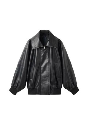Veste bomber en cuir noir avec un grand col, fermeture éclair à l'avant et poignets élastiques. Présente des manches bouffantes et des poches latérales. Texture lisse.