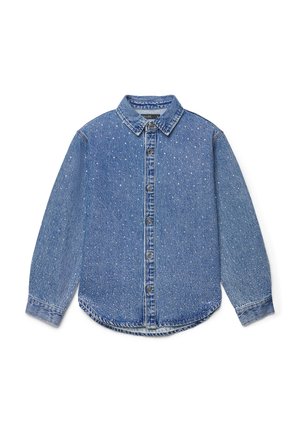 Chemise en denim bleu à manches longues avec col et boutons sur le devant, présentant un petit motif à pois blancs et des poignets boutonnés.