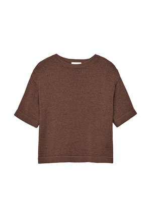 Pruun kootud lühikeste varrukatega kampsun ümmarguse kaelusega ja soonikkoes äärtega, valgel taustal.