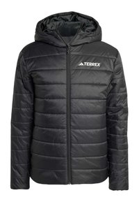 Black quilted hooded jacket with front zipper and white TERREX logo on the left chest, designed for outdoor wear.