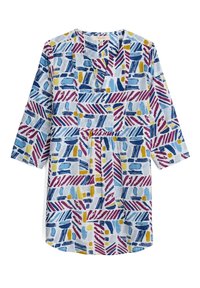 Túnica estampada en tela ligera, con diseños abstractos de pinceladas en azul, amarillo y púrpura. Cuello en V y mangas tres cuartos.