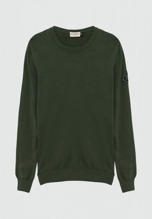 Maglione a girocollo verde scuro realizzato in un tessuto morbido, con polsini e orlo a coste, e una piccola toppa nera sulla manica sinistra.