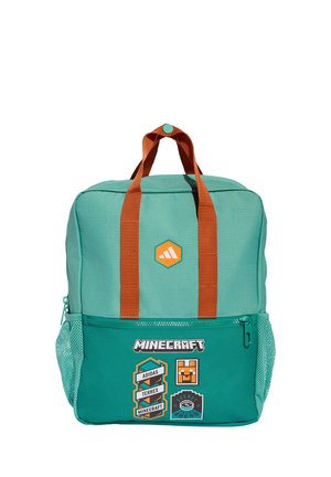 Türkisfarbener Minecraft-Rucksack mit orangen Griffen, Frontreißverschlusstasche, Netzseitentaschen und Minecraft-Themen-Patches auf der Fronttasche.