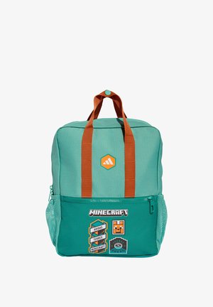 Sac à dos Minecraft turquoise avec poignées orange, poche avant zippée, poches latérales en mesh et écussons à thème Minecraft sur la poche avant.
