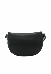 Borsa a tracolla in pelle nera con texture, dalla forma arrotondata, con tracolla regolabile e chiusura superiore. Presenta accenti metallici sull'attacco della tracolla.