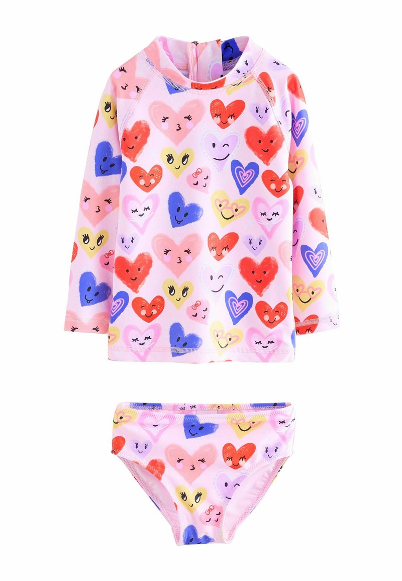 Conjunto de bañador de manga larga en color rosa que incluye una parte superior y una parte inferior de bikini a juego. El diseño presenta patrones de corazones multicolores y caritas sonrientes.