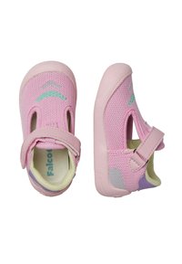 Vaaleanpunaiset verkkokangastossut taaperoille, joissa on tarranauha, ilmanvaihtoa parantavat leikkaukset ja violetti koriste yksityiskohta pohjassa.