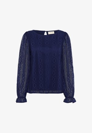 Navy blue blouse with textured lace fabric, geometric patterns, long puffed sleeves, and a keyhole back detail.