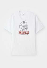 Witte katoenen t-shirt met een cartoonafbeelding van twee figuren die basketbal spelen, met "FAIRPLAY" in rode tekst onder het ontwerp.
