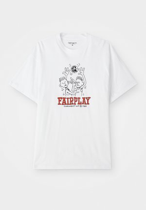 Biała bawełniana koszulka z grafiką przedstawiającą dwóch rysunkowych postaci grających w koszykówkę, z napisem "FAIRPLAY" w czerwonym kolorze pod wzorem.