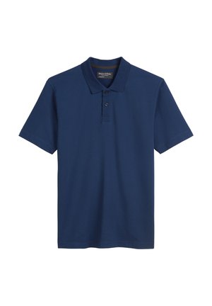 Navy blue short-sleeve polo shirt made of textured fabric, featuring a three-button placket and a collar. No visible patterns or accents.