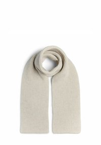 Écharpe crème à côtes, faite de matériau doux ; présente un design long et droit avec une boucle nouée à une extrémité, renforçant la texture et la chaleur.