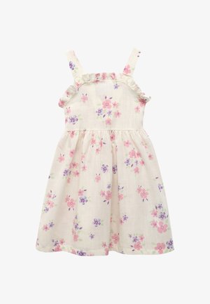 Robe crème sans manches avec imprimé floral rose et violet, bordure volantée à l'encolure et taille froncée, conçue pour les jeunes enfants.