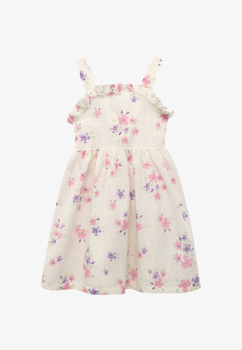Robe crème sans manches avec imprimé floral rose et violet, bordure volantée à l'encolure et taille froncée, conçue pour les jeunes enfants.