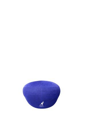 Blue knitted Kangol beret with textured pattern and white embroidered kangaroo logo on front.