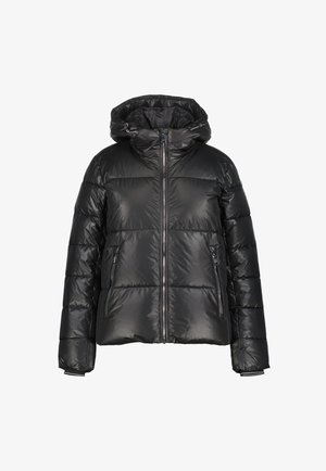 Schwarze glänzende gesteppte Pufferjacke mit einem Reißverschluss auf der Vorderseite, seitlichen Taschen mit Reißverschluss, langen Ärmeln und verstellbarem Kapuzen mit Kordelzügen.