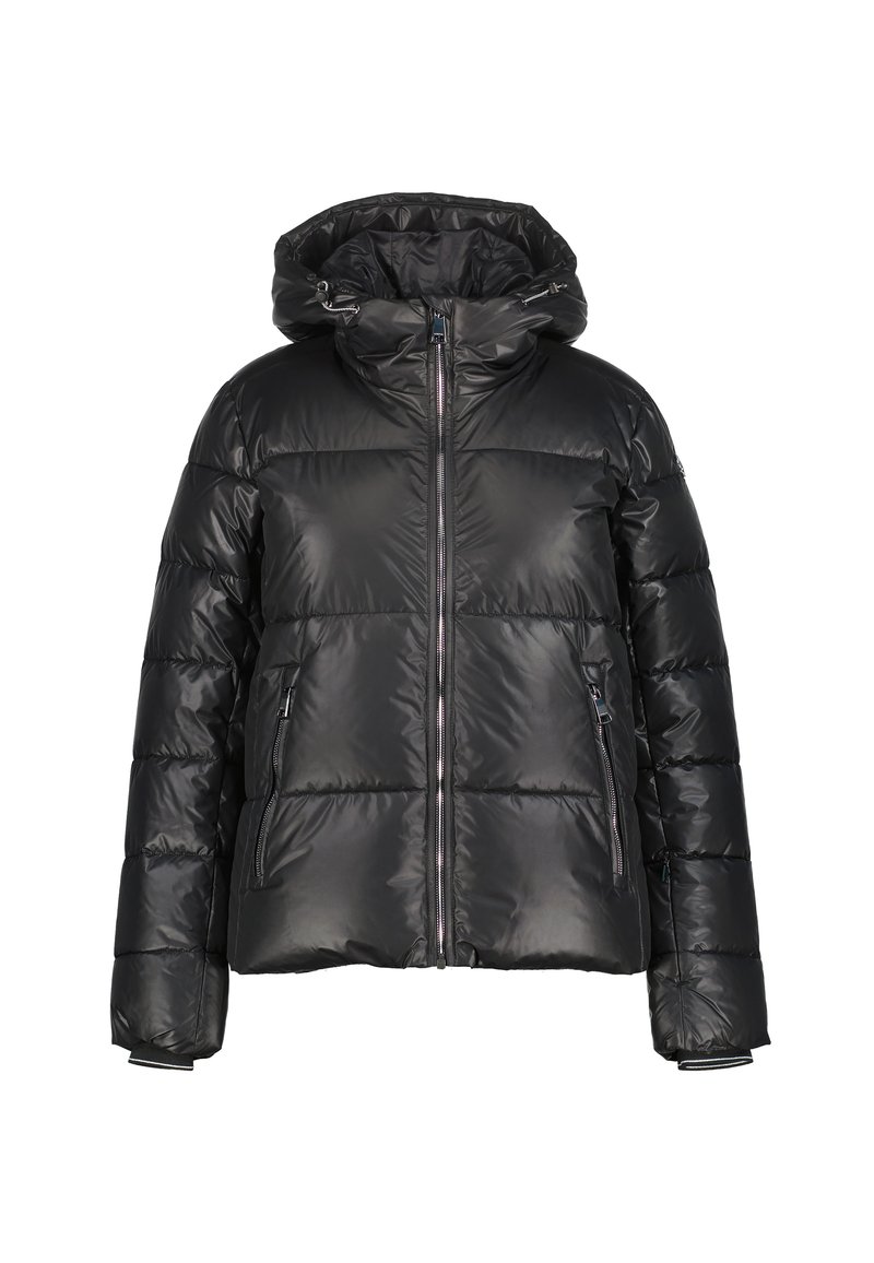 Veste matelassée noire brillante avec fermeture éclair à l'avant, poches latérales zippées, manches longues et capuche ajustable avec cordons.