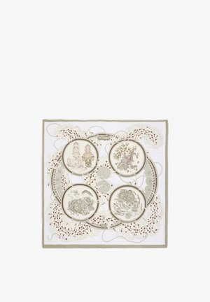 Foulard quadrato con illustrazioni botaniche incorniciate da intricati motivi circolari e vorticosi in tonalità beige, marrone e verde tenue.