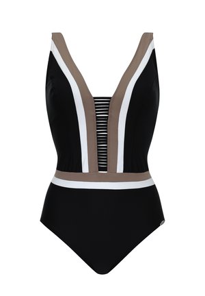 Sort badedragt i ét stykke med dyb V-udskæring, taupe og hvide lodrette striber samt vandrette striber ved halsudskæringen og taljen.