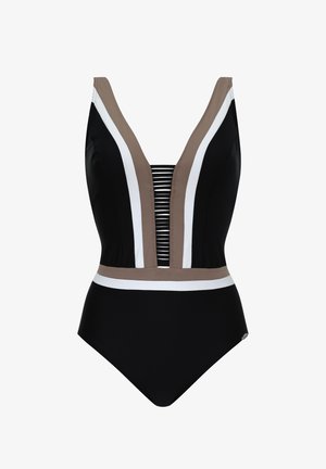 One-piece swimsuit in black with deep V-neck, taupe and white vertical stripes, and horizontal striped detailing at the neckline and waist.