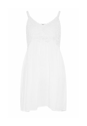 Weißes ärmelloses Sommerkleid mit Spitzentop, dünnen Trägern und locker fallendem Rock.