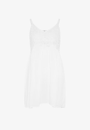 Vestido blanco de verano sin mangas con corpiño de encaje, tirantes finos y falda suelta y fluida.