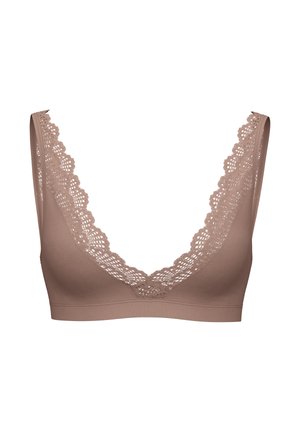 Braun nahtloser Bralette mit tiefem V-Ausschnitt und kunstvollem Spitzenbesatz entlang des Ausschnitts und der Schulterträger; weicher, dehnbarer Stoff.