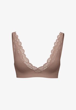 Braun nahtloser Bralette mit tiefem V-Ausschnitt und kunstvollem Spitzenbesatz entlang des Ausschnitts und der Schulterträger; weicher, dehnbarer Stoff.