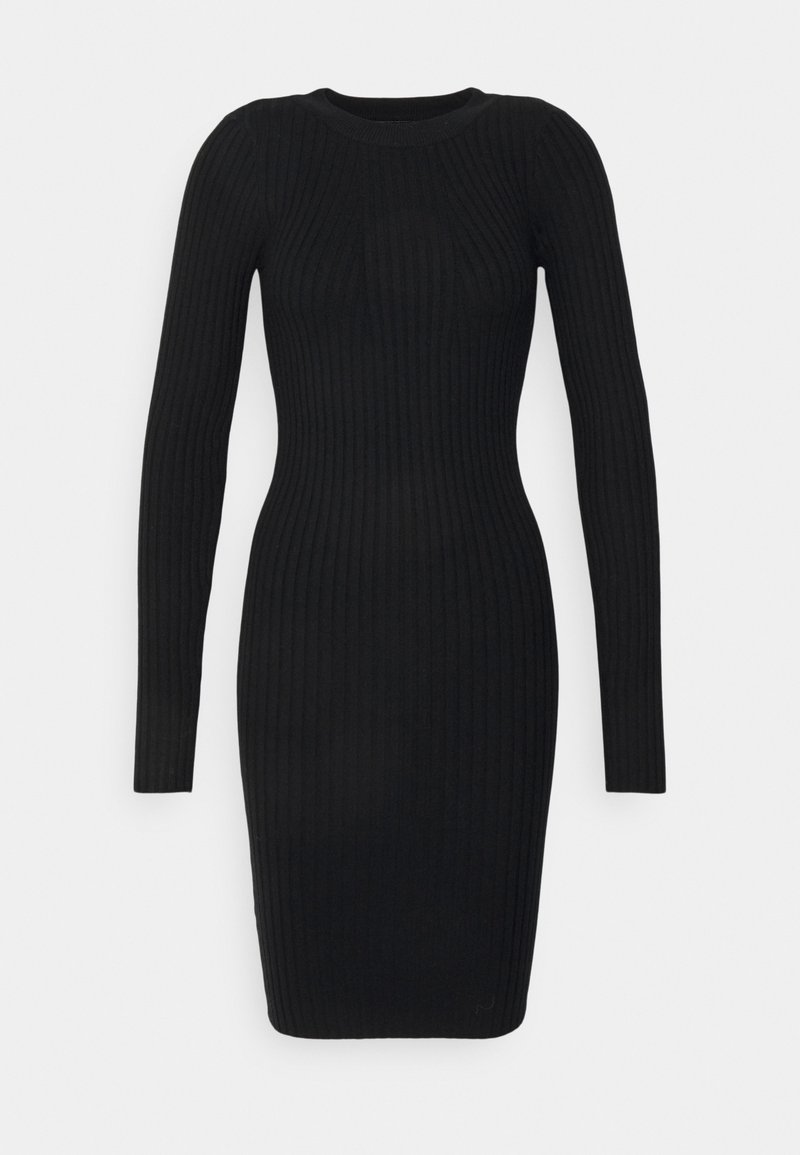 Robe noire côtelée à manches longues et col rond. Coupe ajustée, confectionnée dans un tissu extensible, texture lisse sur toute la surface.