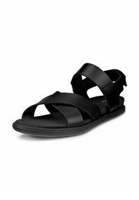Zwarte leren sandalen met kruislingse banden, een platte rubberen zool en een open ontwerp, met een gestructureerde afwerking op de voetbed.