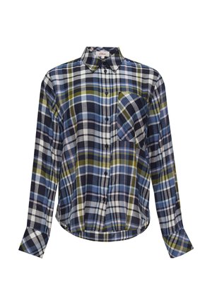 Langwerpig geruit overhemd met lange mouwen in blauw, groen en wit, met een zak aan de linkerkant, voorzien van een button-down kraag en een afgeronde onderkant.