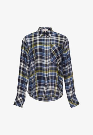 Long-sleeve plaid shirt in blue, green, and white with a pocket on the left side, featuring a button-down collar and curved hem.