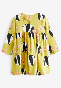 Langärmeliges Kleid aus hellgrünem Stoff mit Panda- und Blumenmuster, rundem Ausschnitt und gerafftem Bund.