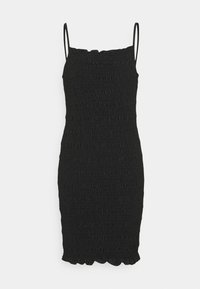 Musta smock-kleita, milles on õhukesed reguleeritavad rihmad, vormiv kuju, tekstureeritud kangas, millel on kogutud detailid ja laineline alus.