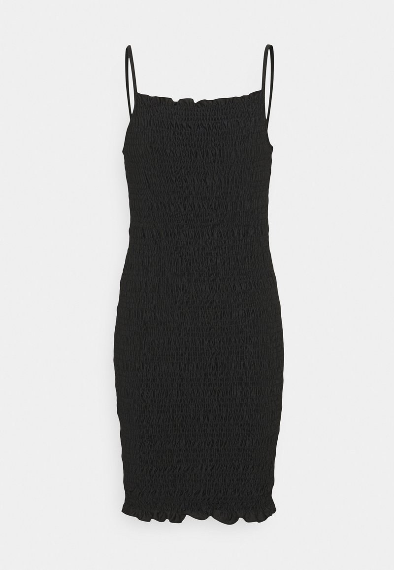 Musta smock-kleita, milles on õhukesed reguleeritavad rihmad, vormiv kuju, tekstureeritud kangas, millel on kogutud detailid ja laineline alus.