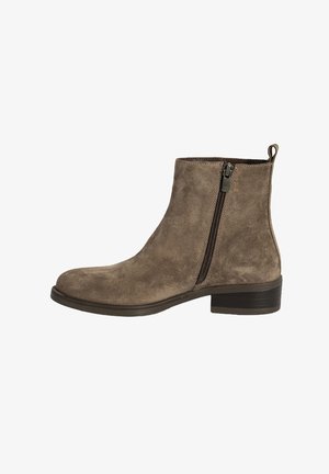 Brown suede ankle boot with a side zipper, rounded toe, and a low heel. Features a smooth texture and minimalistic design.