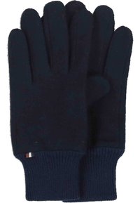 Gants en tricot navy avec des bords côtelés ; texture douce ; design à cinq doigts ; petite étiquette à rayures près du poignet.