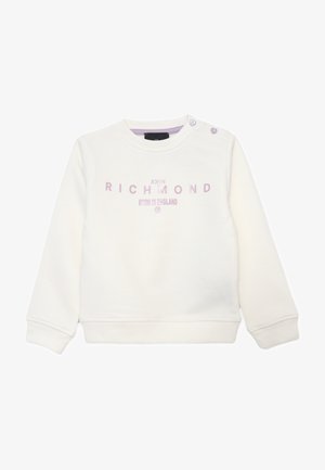 Sweat-shirt blanc à manches longues avec texte lavande "JOHN RICHMOND BORN IN ENGLAND" et deux boutons sur l'épaule gauche.