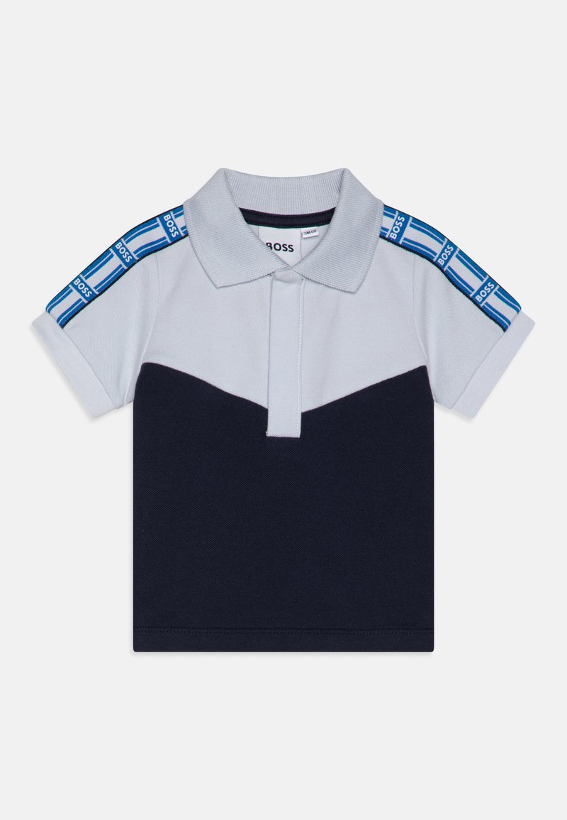 Polo shirt featuring grey and navy color blocks, short sleeves, a collared neckline, and blue striped accents on shoulders.