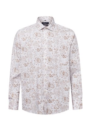 White button-up shirt with a brown floral pattern, long sleeves, and a classic collar. Lightweight fabric with a smooth texture and front pocket.