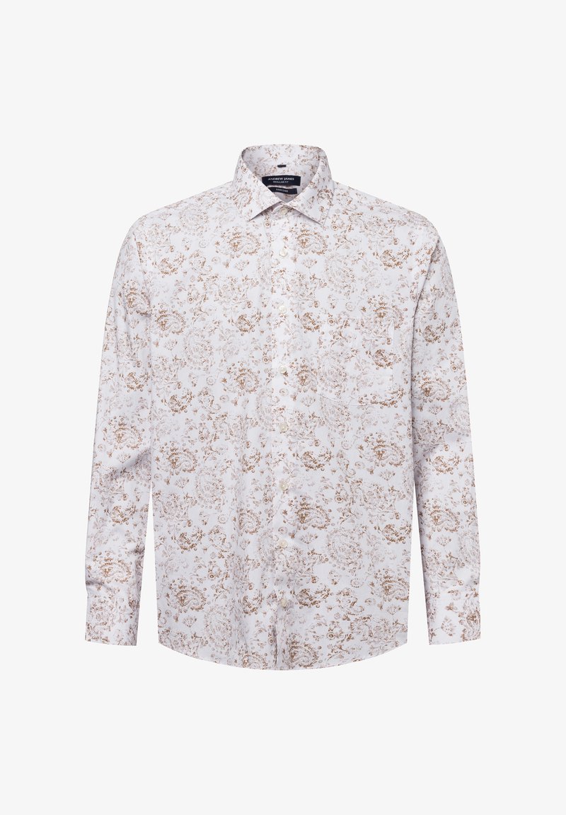 Weißes Hemd mit Knopfleiste und braunem Blumenmuster, langen Ärmeln und klassischem Kragen. Leichter Stoff mit glatter Textur und Brusttasche.