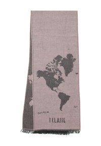 Sciarpa in tessuto rosa tenue e grigio scuro, con disegno della mappa del mondo. Bordi a frange e scritta "l'classe" in basso.