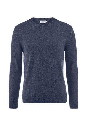 Donkerblauwe trui met lange mouwen en ronde hals, voorzien van geribbelde manchetten en zoom, gemaakt van zachte gebreide stof.