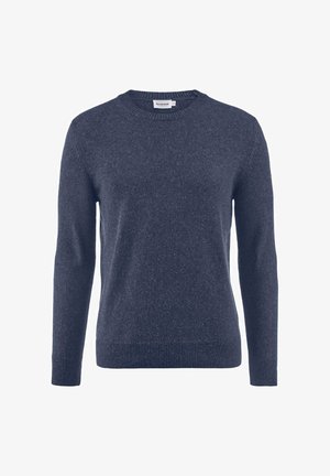 Donkerblauwe trui met lange mouwen en ronde hals, voorzien van geribbelde manchetten en zoom, gemaakt van zachte gebreide stof.
